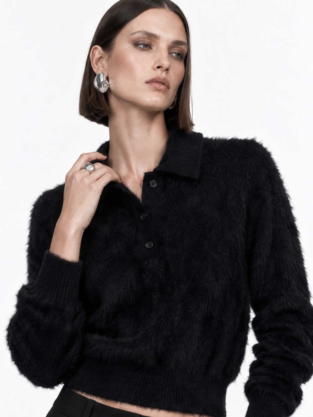 Zara Knit Womens M Black Fuzzy Eyelash Polo Sweater Button Front Cropped Preppy